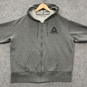 Reebok Hoodie Mens XL Gray Full Zip Sweatshirt Cotton Blend Running Walking